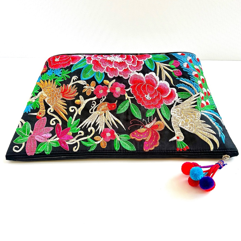 Large Colorful Birds and Florals Embroidered Pom Pom Bag (NWOT) - Picture 8 of 9
